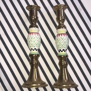 Brass and enamel candlestick holders